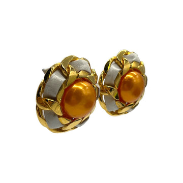 Top Quality Chanel Orange Synthetic Pearl Leather & Chain Earrings