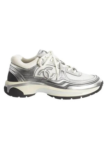 Fabric Laminated Low Top Sneakers Silver Chanel