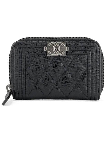 Boy   Silver Hardware Quilted Caviar Zipper Card Wallet Black Chanel