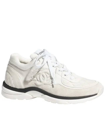 CC Logo Fabric Suede Low-Top Sneakers Light Grey Chanel