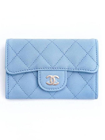 Classic Grained Shiny Calfskin Card Wallet Light Blue Chanel