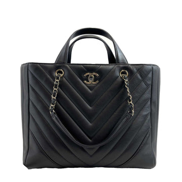 Top Quality Chanel - Large Shopping Tote Black Chevron Leather CC Tote w/ Shoulder Strap