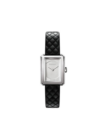 Boyfriend Calfskin Quilted Pattern Strap Small Watch Silver Black Chanel