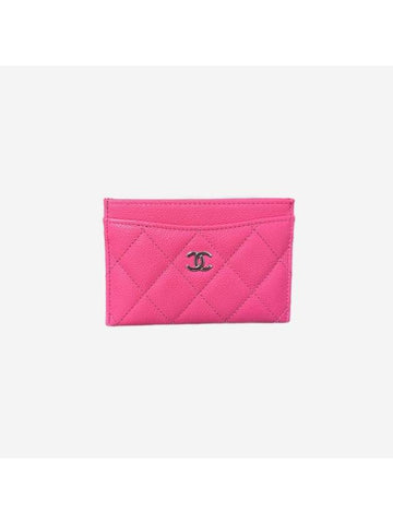 Silver CC Logo Caviar Card Wallet Fuchsia Chanel
