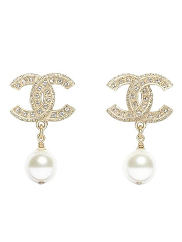 CC Metal Logo Pearl Earrings Gold Chanel