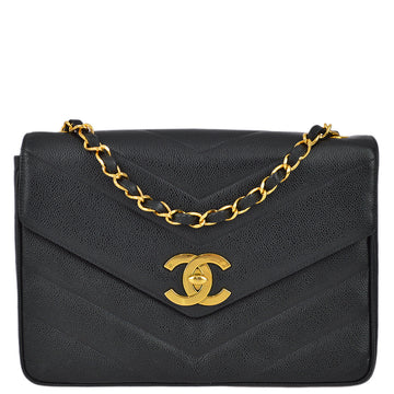 Top Quality Chanel 1994-1996 Black Caviar Jumbo Chevron Letter Flap Bag