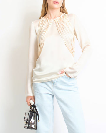Top Quality Chanel 12/C Ivory Long Sleeve Silk Blouse with Tassel Detail FR 40 (UK 12)