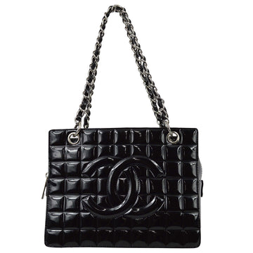 Top Quality Chanel * Black Patent Choco Bar Chain Tote Handbag