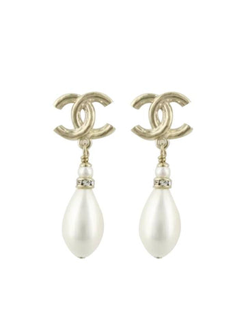 CC Logo Pearl Drop Earrings Gold Chanel