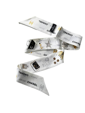 CC Logo Signature Printed Silk Twilly Bandeau Scarf White Chanel
