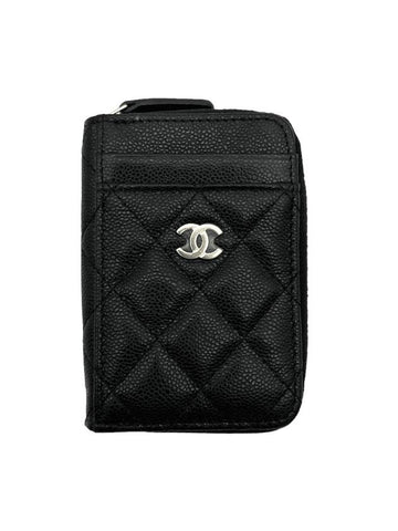 CC Logo Zip Around Caviar Leather Card Wallet Black Chanel
