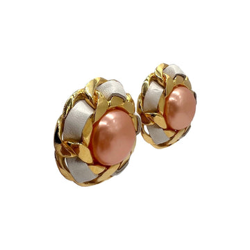 Top Quality Chanel Peach Synthetic Pearl Leather & Chain Earrings