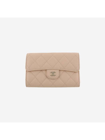 Classic Gold Logo Flap Grained Shiny Calfskin Half Wallet Beige Chanel