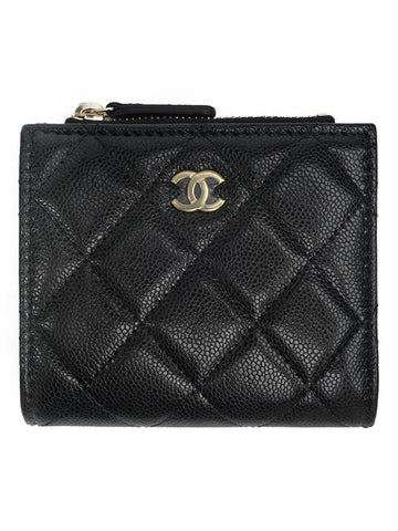 Classic Gold Logo Zipper Half Wallet Black Chanel