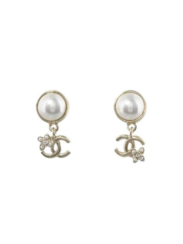 CC Logo Flower Pearl Drop Earrings Gold Chanel