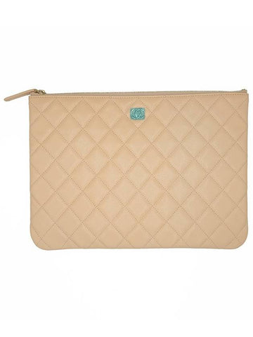 Classic Gold Logo Medium Caviar Clutch Bag Beige Chanel