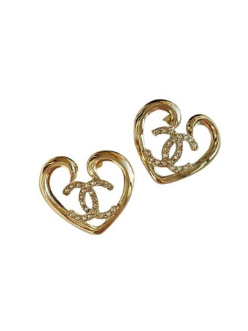 CC Logo Big Heart Crystal Earrings Gold Chanel