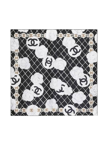 Camellia Square Silk Scarf Black Chanel