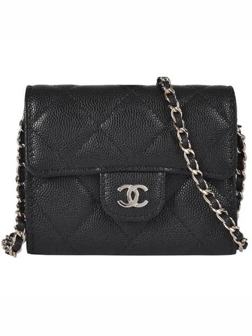 CC Logo Caviar Chain Flap Card Wallet Black Chanel