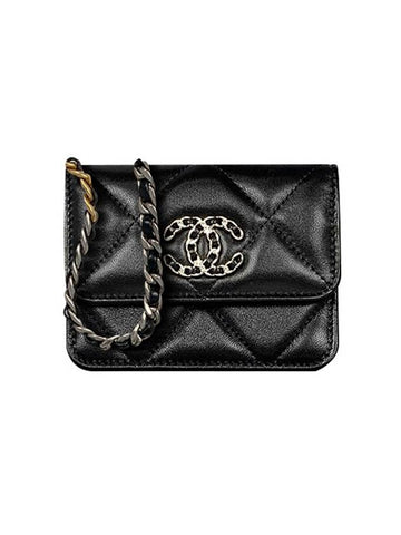 Silver Hardware 19 Chain Lambskin Card Wallet Black Chanel