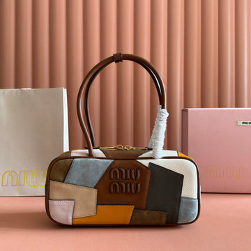 MIUMIU 26S BEAU TOP HANDLE BAG 28 IN COGNAC LEATHER PATCHWORK GOLD HARDWARE By Luxe Carry