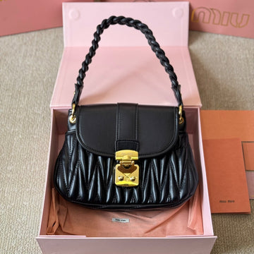 MATELASSÉ BRAIDED HANDLE SHOULDER BAG 25 IN BLACK SHINY CALFSKIN Luxe Carry Bags