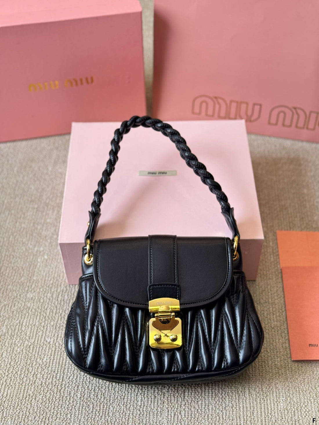 MATELASSÉ BRAIDED HANDLE SHOULDER BAG 25 IN BLACK SHINY CALFSKIN Luxe Carry Bags