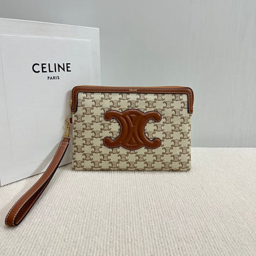 SMALL POUCH 25 IN BEIGE TRIOMPHE TEXTILE AND BROWN CALFSKIN Luxe Carry Bags