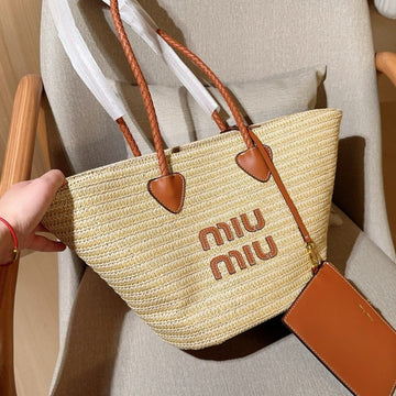 PALMETTO TOTE BAG 25 IN BEIGE WOVEN RAFFIA BROWN CALFSKIN TRIM Luxe Carry Bags