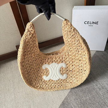 CELINE PANIER HOBO BAG 33 IN RAFFIA AND CALFSKIN LOGO WHITE
