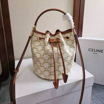 CLARA BAG 19 IN WHITE TRIOMPHE CANVAS AND BROWN CALFSKIN TRIM Luxe Carry