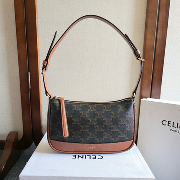 CELINE 25S SHOULDER BAG 21MM IN BLACK TRIOMPHE CANVAS AND BORWN CALFSKIN Luxe Carry