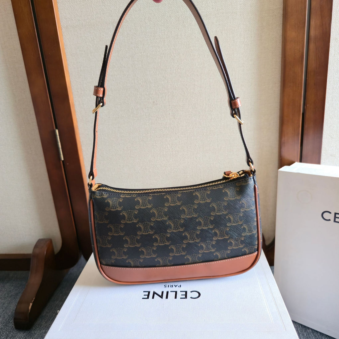CELINE 25S SHOULDER BAG 21MM IN BLACK TRIOMPHE CANVAS AND BORWN CALFSKIN Luxe Carry Bags