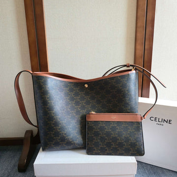 CELINE 25S SOFT SHOPPER BAG 32 IN BLACK TRIOMPHE CANVAS AND BROWN CALFSKIN Luxe Carry