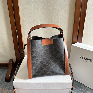 CELINE 25S CUBE BAG 18MM IN BLACK TRIOMPHE CANVAS AND DARK BORWN CALFSKIN Luxe Carry