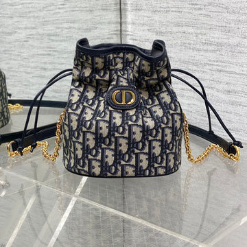 MONTAIGNE MINI 18 BUCKET BAG WITH DRAWSTRING IN BLUE OBLIQUE JACQUARD Luxe Carry Bags