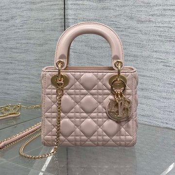 DIOR 25S MINI LADY DIOR BAG 17 IN PINK CALFSKIN CHARM CRYSTAL EMBELLISHMENTS By Luxe Carry