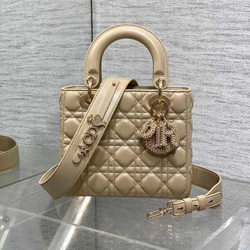 DIOR 25S LADY DIOR BAG 20 IN SAND BEIGE CALFSKIN CHARM PEARL EMBELLISHMENTS By Luxe Carry