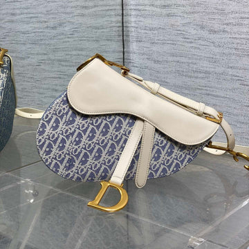 DIOR 25S SOFT SADDLE BAG 25 IN BLUE DIOR OBLIQUE CHAMBRAY AND IVORY SMOOTH CALFSKIN Luxe Carry