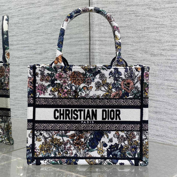 DIOR 25S LUCKY SMALL DIOR BOOK TOTE 26 IN MULTICOLOR DIOR FLOWERS CALENDAR ALLOVER EMBROIDERY