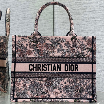 DIOR 25S LUCKY MEDIUM DIOR BOOK TOTE 36 IN PINK MULTICOLOR DIOR FLOWERS CALENDAR ALLOVER EMBROIDERY