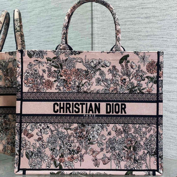 DIOR 25S LUCKY LARGE DIOR BOOK TOTE 42 IN PINK MULTICOLOR DIOR FLOWERS CALENDAR ALLOVER EMBROIDERY By Luxe Carry