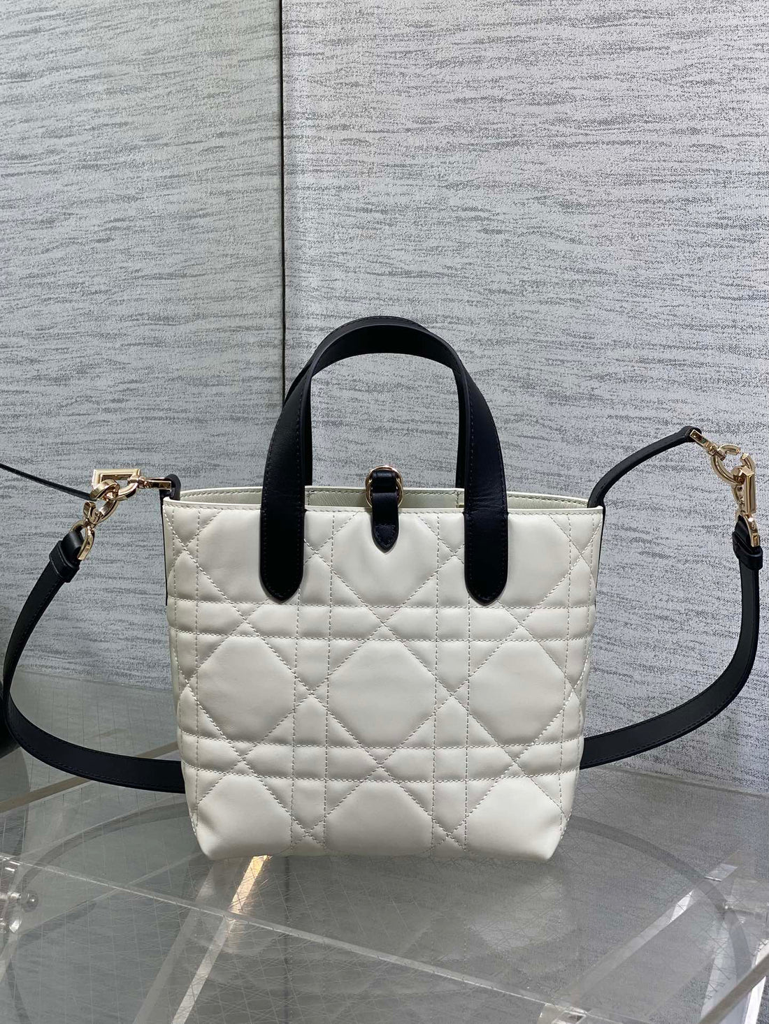DIOR 25S TOUJOURS VERTICAL NANO TOTE BAG 18 IN IVORY BLACK MACROCANNAGE CALFSKIN Luxe Carry