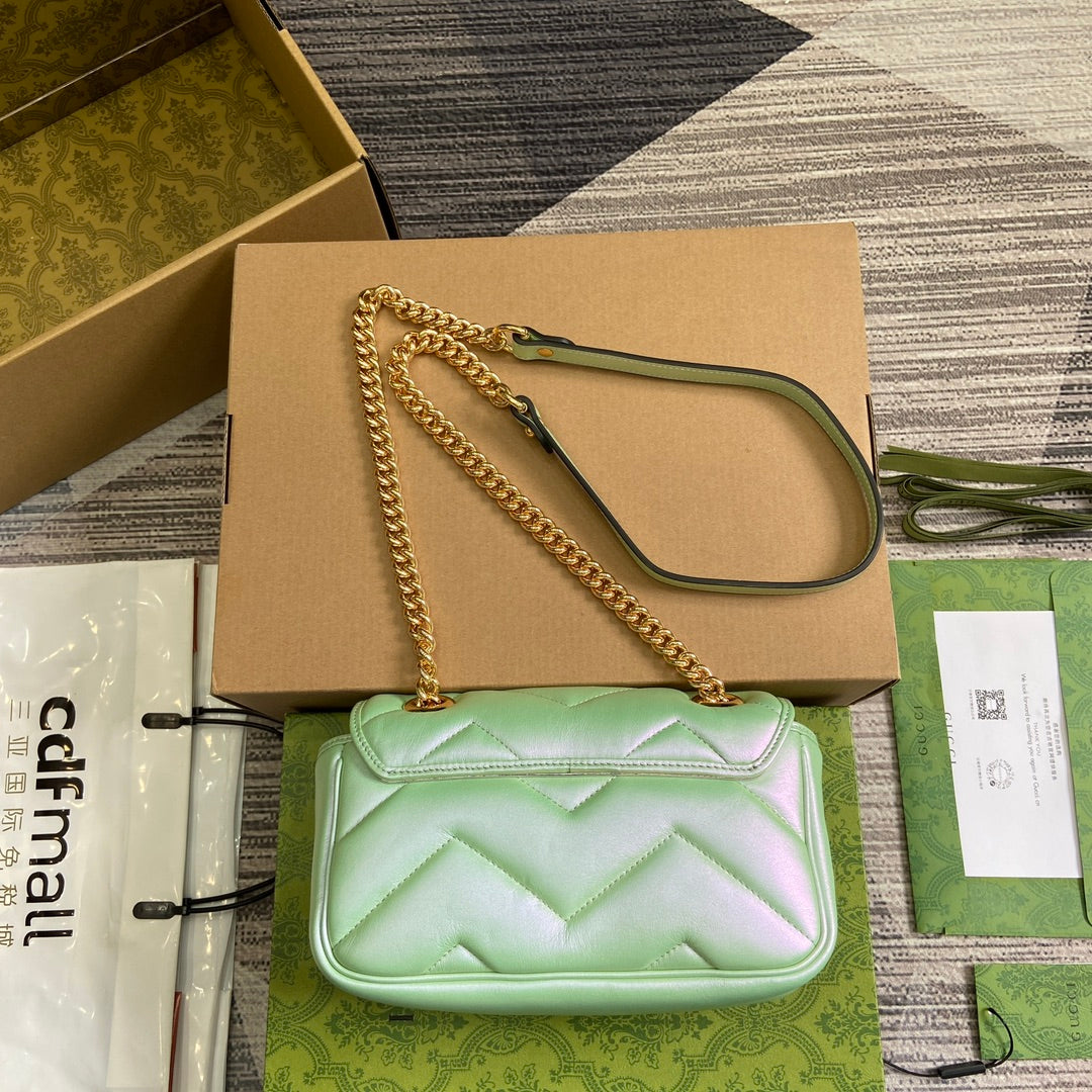 GG MARMONT 23 SMALL SHOULDER BAG GREEN IRIDESCENT CALFSKIN Luxe Carry Bags