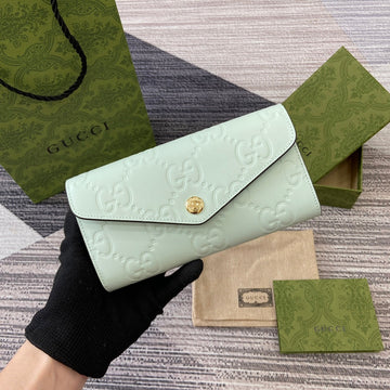 CONTINENTAL WALLET 19 IN MINT GREEN EMBOSSED CALFSKIN GOLD HARDWARE Luxe Carry Bags