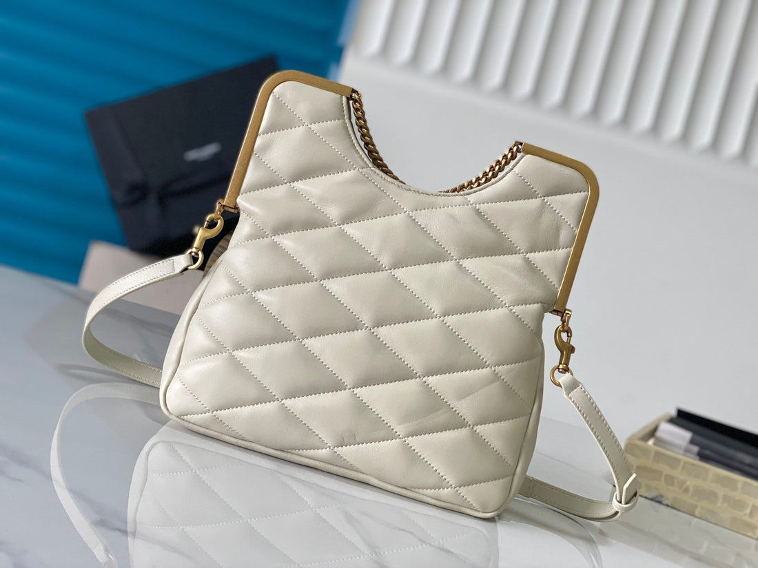 26 WHITE SHEEPSKIN WITH GOLD BUCKLE BAG by Luxe Carry