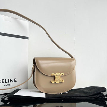TRIOMPHE 15 Cream Gray Calfskin Handbag Luxe Carry Bags