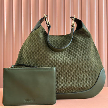 B LARGE SHOULDER BAG 49 IN ARMY GREEN GG EMBOSSED SUEDE Luxe Carry