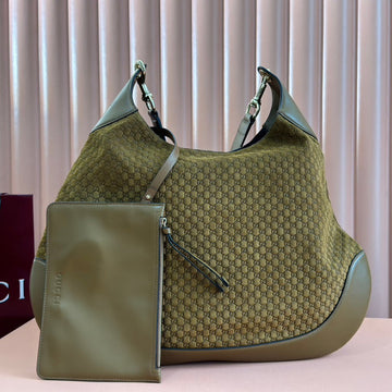B LARGE SHOULDER BAG 49 IN SEAWEED GREEN GG EMBOSSED SUEDE Luxe Carry