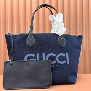 LARGE TOTISSIMA REVERSIBLE TOTE 30.5 IN DARK BLUE DENIM ONE SIDE BEIGE AND BLUE CALFSKIN ON THE OTHER Luxe Carry Bags
